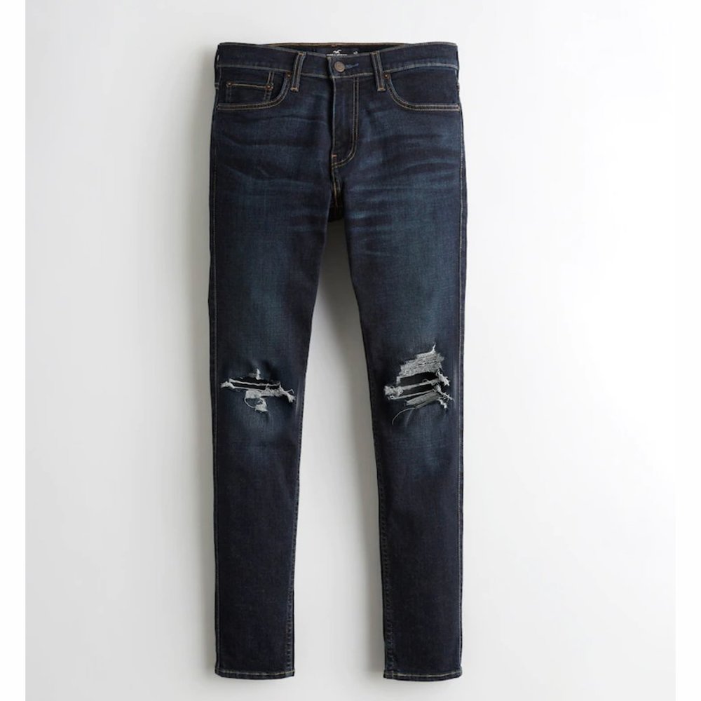 Hollister Super Skinny Distressed Knee Blowout Jeans Dark Wash Navy W31 L 32 - Picture 2 of 7